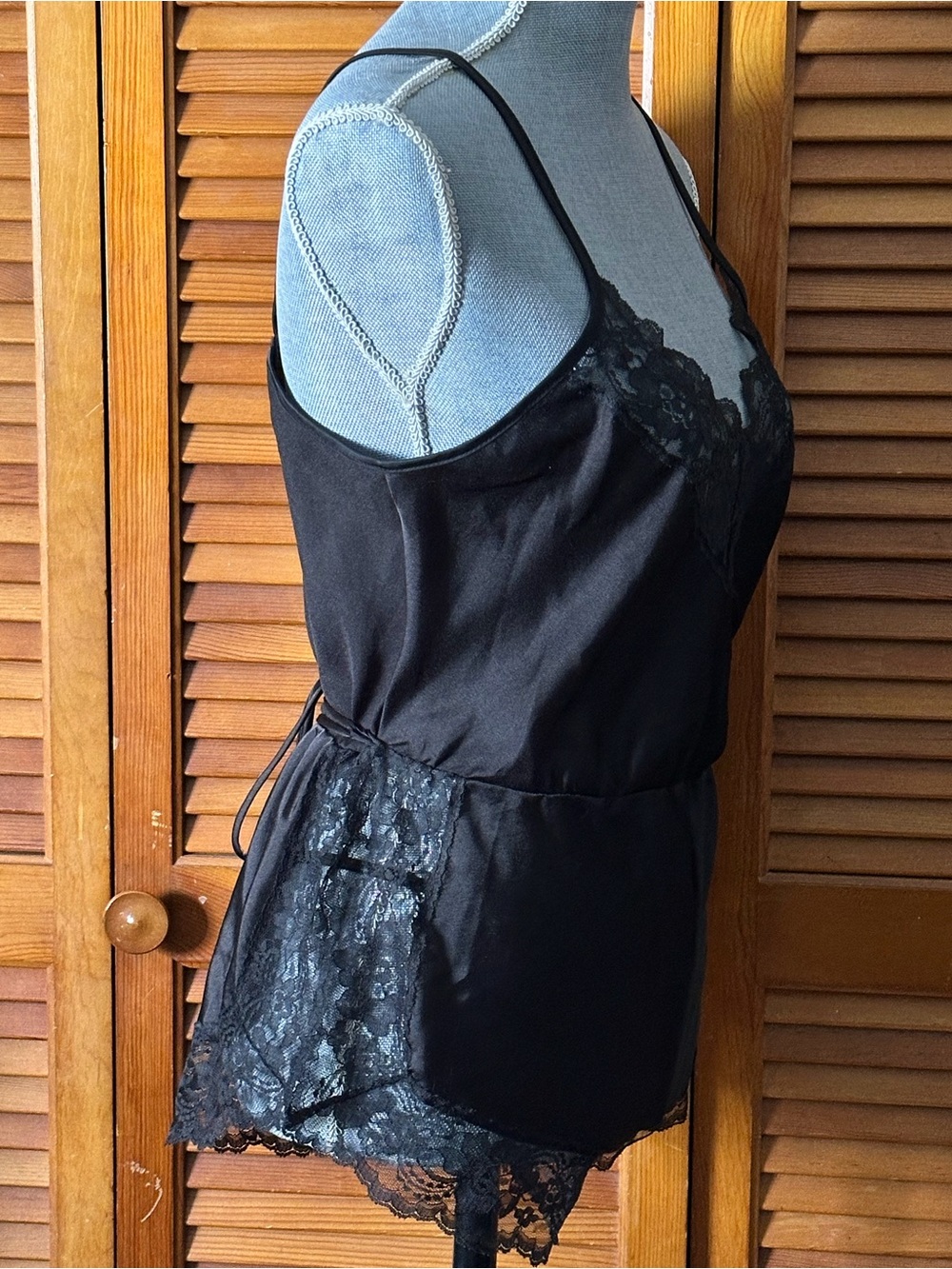 Vintage 80s Black Lace-Trim Satin Teddy Romper - Picture 2 of 11